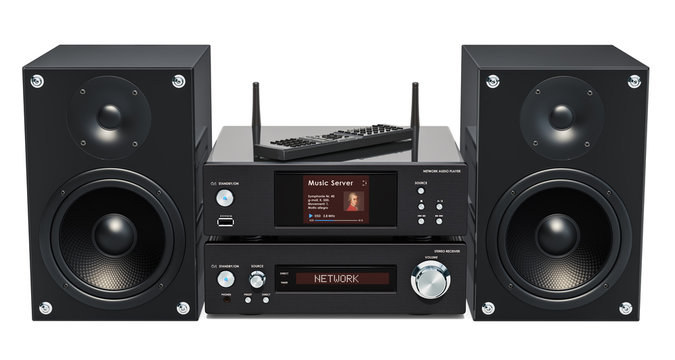 Home Stereo System. Network audio player, stereo receiver and speakers, 3D rendering