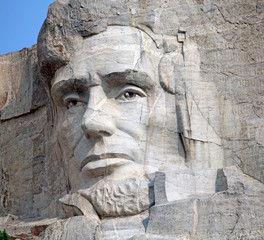 detail of the iconic carving of president Abraham Lincoln, Mount Rushmore, Black Hills, South Dakota