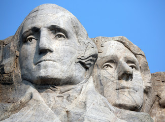 detail of the iconic carvings of presidents George Washington and Thomas Jefferson, Mount Rushmore, Black Hills, South Dakota
