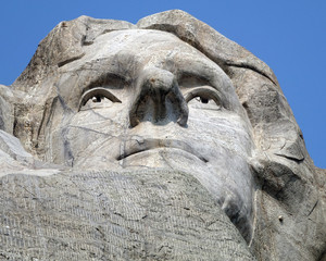 detail of the iconic carving of president Thomas Jefferson, Mount Rushmore National Park, Black Hills, South Dakota