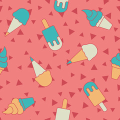 Cute colorful ice cream repeat pattern with pastel pink structured background.