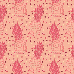 Sweet seamless pineapple repeat pattern with polka dots on pastel background. Perfect for surfaces or wrapping paper.