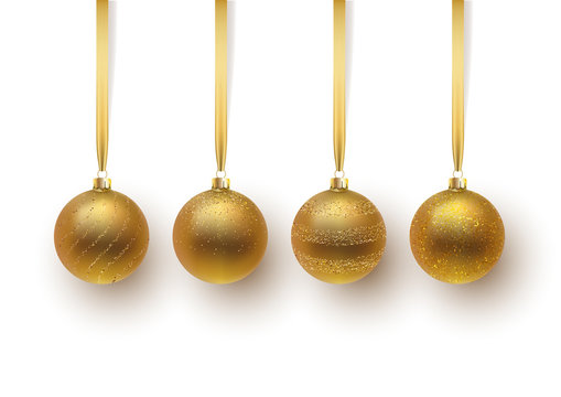 Set of gold Christmas ball, with an ornament and spangles. Isolated on white background. Vector illustration.