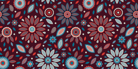 Lovely & tasteful leaf and flower elements. Interesting cozy color combination with warm and cold hues, inspired by nature. Great for textiles or scrapbooking. All season seamless repeat pattern.