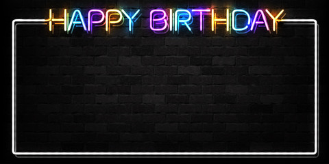 Vector realistic isolated neon sign of Happy Birthday frame logo for decoration and covering on the wall background. Concept of invitation and celebration.