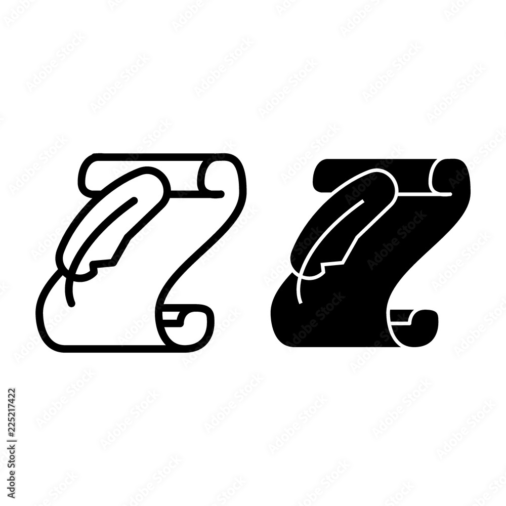 Poster roll of old paper and feather line and glyph icon. manuscript and quill vector illustration isolated