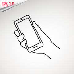 Mobile phone in hand. Holding a smartphone. Hand with phone web line icon. isolated on background