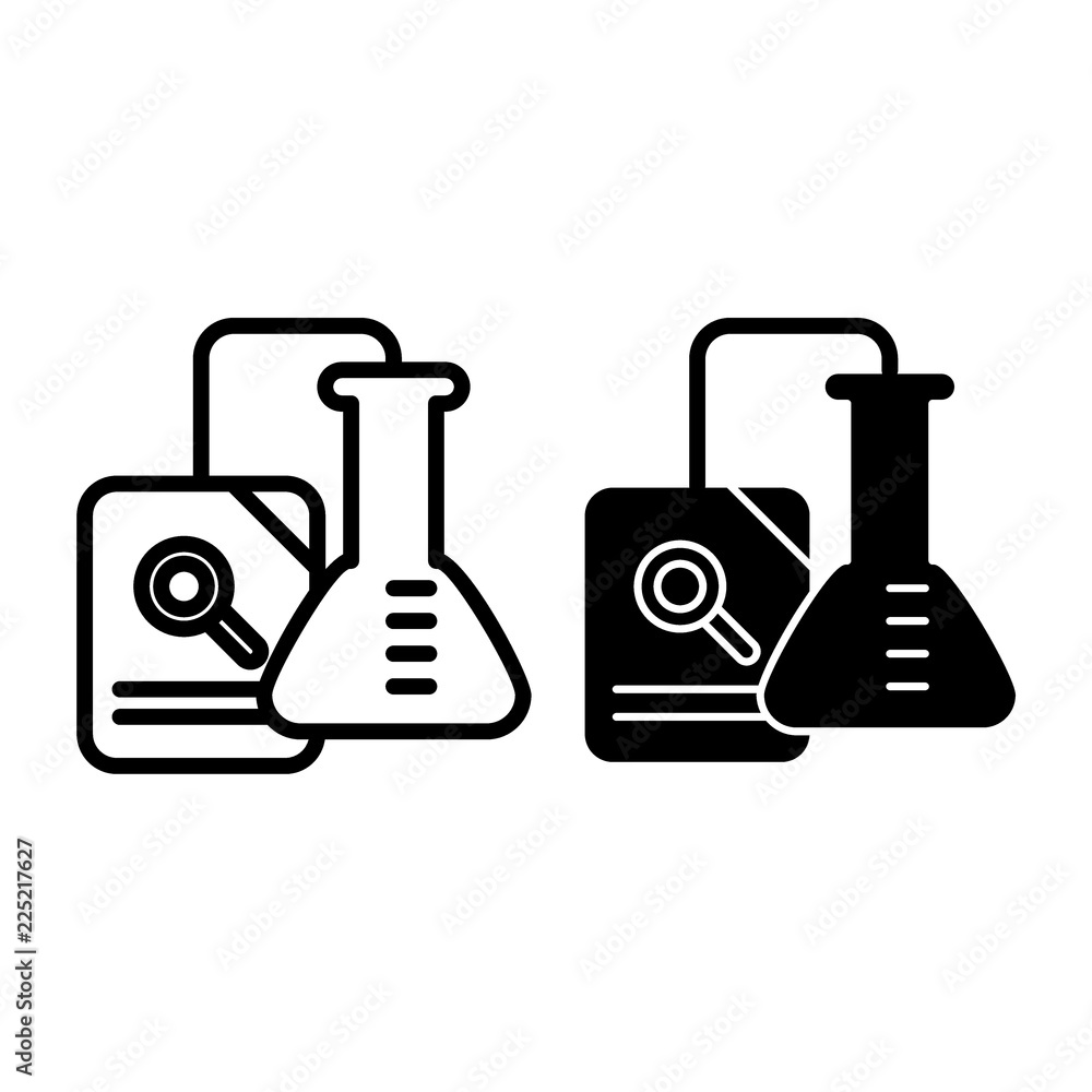 Poster research line and glyph icon. chemical flask and document education vector illustration isolated on 