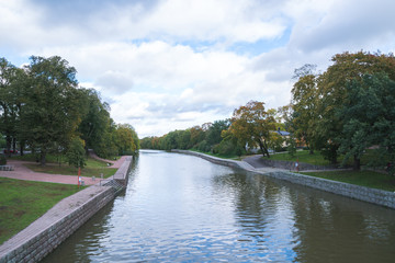 Fototapeta na wymiar September river side view to the aurajoki river, Turku Finland.