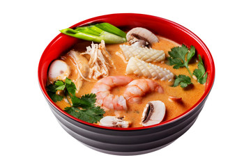 Bowl of thai tom yum soup isolated at white background.