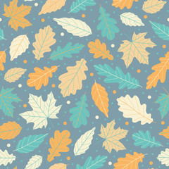 Fototapeta na wymiar Fresh and lovely autumn leaves pattern, seamless repeat in soft pastel colors. Trendy hand drawn style.