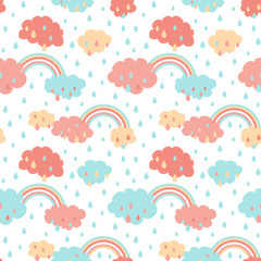 Happy colorful doodle rainbows with clouds & raindrops elements. Perfect for baby accesoires. Seamless repeat pattern, pastel color palette, low contrast.