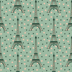 Fototapeta na wymiar Seamless surface pattern with eiffel towers and triangles on light green background. Great for packaging, travelling themed products and cards, wallpapers, scrapbooking, wrapping paper, textiles etc.