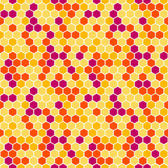Warm delightful facet vector pattern, inspired by honeycomb shapes. Seamless repeat with cheerful color combination. Great for apparel design, home decor, wallpapers, scrapbooking, packaging etc.