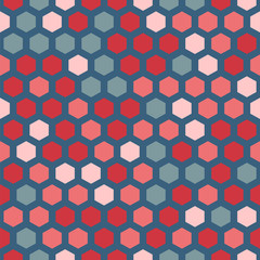 Seamless geometric abstract honeycomb design. Hexagon structure repeat pattern with blue and red tones.