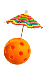 Pickleball Beach....Orange Pickleball & colourful umbrella isolated on white background