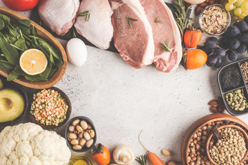 Balanced diet food background. Healthy ingredients on a white background, top view.