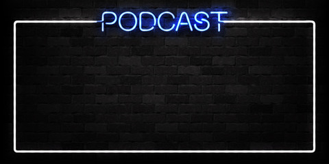 Vector realistic isolated neon sign of Podcast frame logo for decoration and covering on the wall background. Concept of radio, broadcasting and dj.
