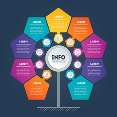 Business presentation concept with nine options. Web Template of tree, info chart or diagram with nine process. Vector infographic of technology or education with 9 steps.