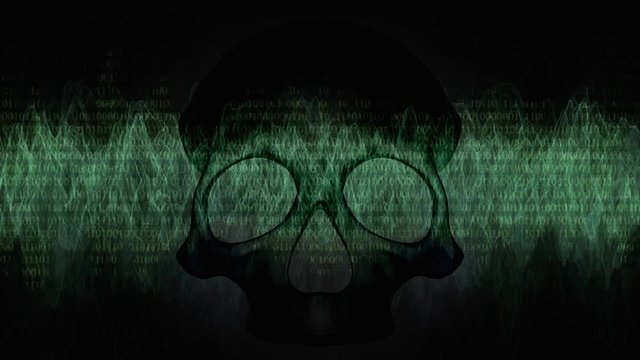 Risk lurking on the Internet - a dark theme.
Loop ready animation of passing binary code on waveform with black skull in front of it.