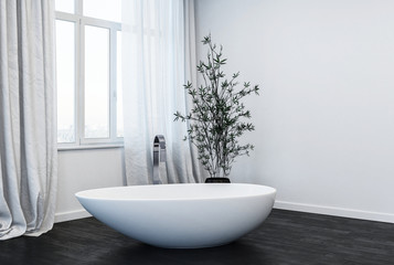 interior of modern bathroom with white bathtub