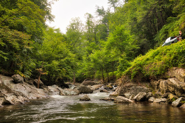 Naklejka na ściany i meble River and green trees in the Smoky Mountains with a caucasian woman parked beside it overlooking it next to her pickup truck