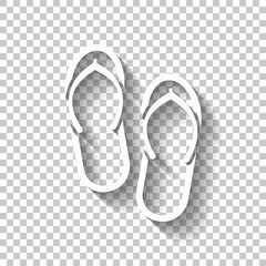 Beach slippers. Flip flops icon. White icon with shadow on trans