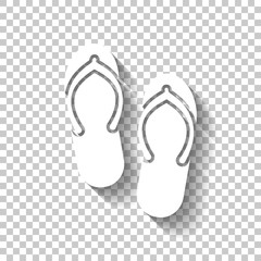 Beach slippers. Flip flops icon. White icon with shadow on trans