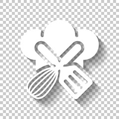 Chef hat and tools. Kitchen logo, simple icon. White icon with s
