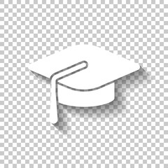 Graduation cap. Education icon. White icon with shadow on transp