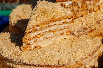 Tasty homemade layered honey cake close-up