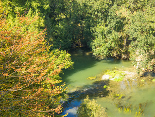 View from the height of a lake surrounded by trees and the roof of the house