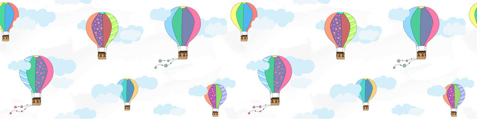 Fototapeta premium Vector seamless pattern with balloons and clouds. Children's pattern. Vector textile fabric print.