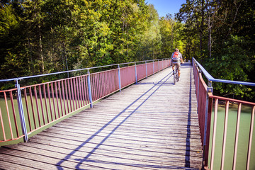 Bunte Holzbrücke im Herbst, Bäume und blauer Himmel