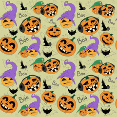 Vector seamless pattern with pumpkin and bat. Halloween pattern.