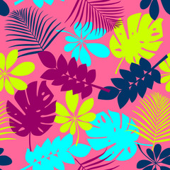 Fototapeta na wymiar Abstract seamless pattern with tropical leaves in vibrant colors. Colorful background with palm, monstera and other assorted jungle leaf. 