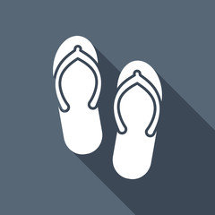 Beach slippers. Flip flops icon. White flat icon with long shado