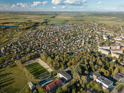 Aerial view of surburban houses in Joniskis, Lithuania.
