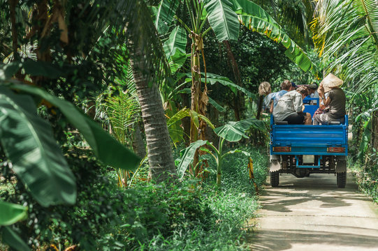Traditional Vietnamese motorbike used for transportation on the small roads along the canals of the Mekong River Delta. Lush green tropical canopy overhanging a paved path.