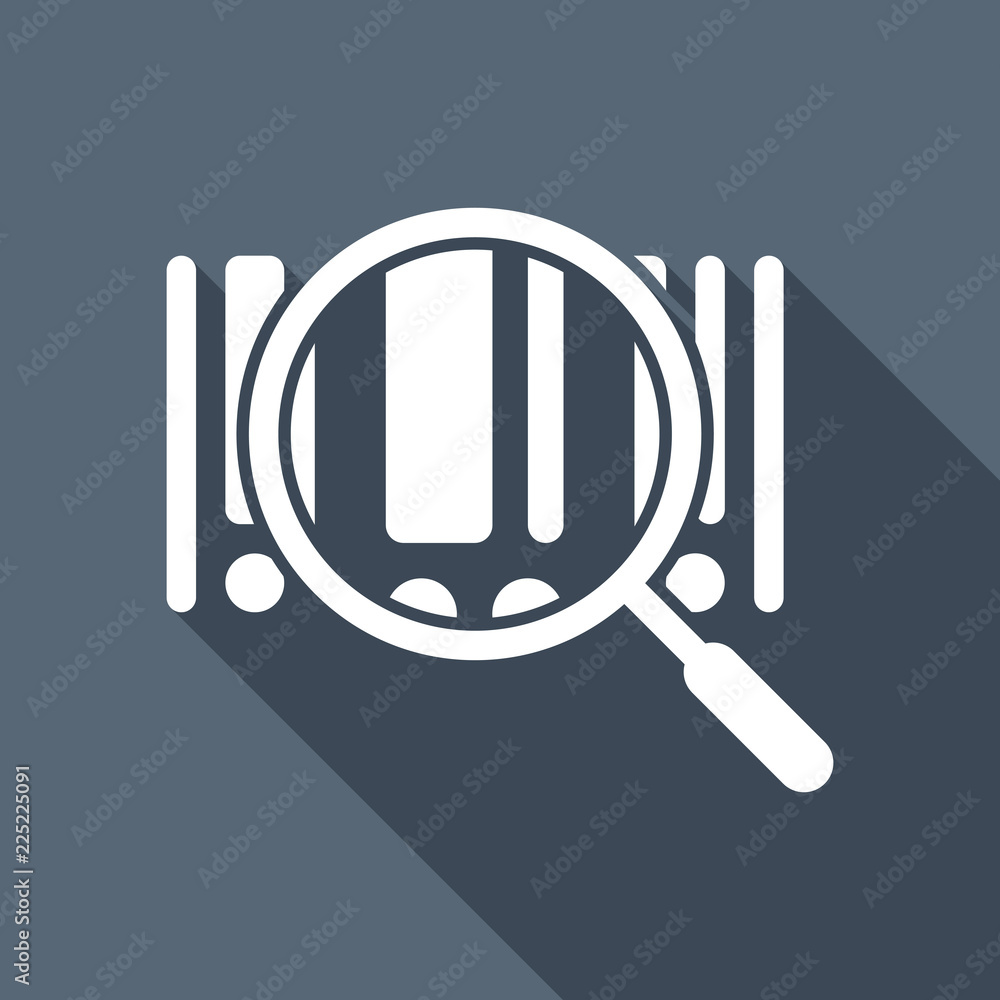 Poster bar code and magnifying glass. simple icon. white flat icon with