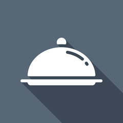 Restaurant cloche or tray. Restaurant icon. White flat icon with