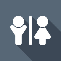 WC icon. Man and woman sign. White flat icon with long shadow on