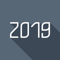 2019 number icon. Happy New Year. White flat icon with long shad