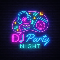 DJ Music Party neon sign vector design template. DJ Concept of music, radio and live concert, neon poster, light banner design element colorful, night bright advertising, bright sign. Vector