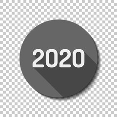 2020 number icon. Happy New Year. flat icon, long shadow, circle, transparent grid. Badge or sticker style