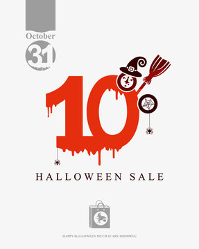 Halloween Sale 10 discounts. Vector banner of holiday sale cheerful witch. Red blood drawn figures 10%. Sign of interest in the form of a head in a witch's hood and witch's broomstick.
