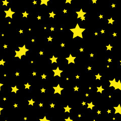 Seamless abstract pattern with little shabby sharp yellow stars on black background. Vector Halloween illustration. Magic sky. Stardust background. Black and gold. Constellation