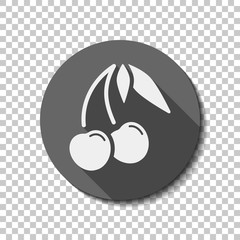Silhouette of cherry with leaves, nature icon. flat icon, long shadow, circle, transparent grid. Badge or sticker style