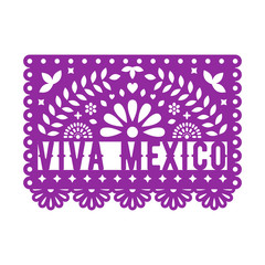 Papel Picado, Mexican paper decorations for party. Paper garland. Cut out compositions with text Viva Mexico. Vector template design. - 225226464