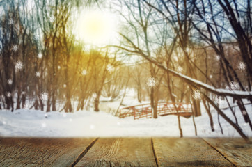 Dark wooden background with Dark wood background with winter forest view